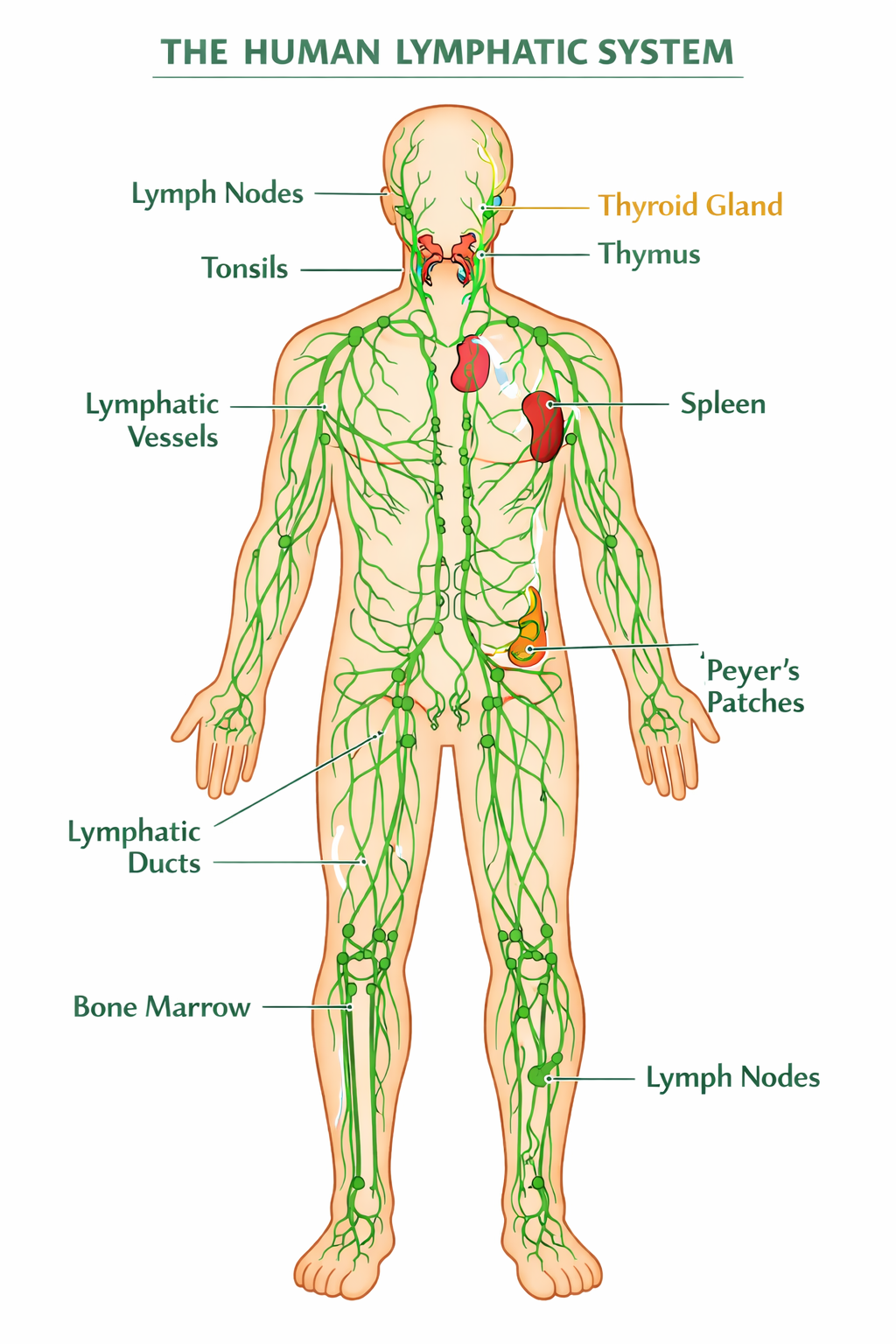 The human lymphatic system showing its extensive network throughout the body