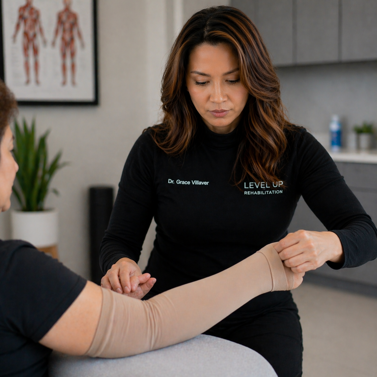 Dr. Grace helping a patient with compression garment fitting during lymphedema maintenance therapy in Ashburn Virginia
