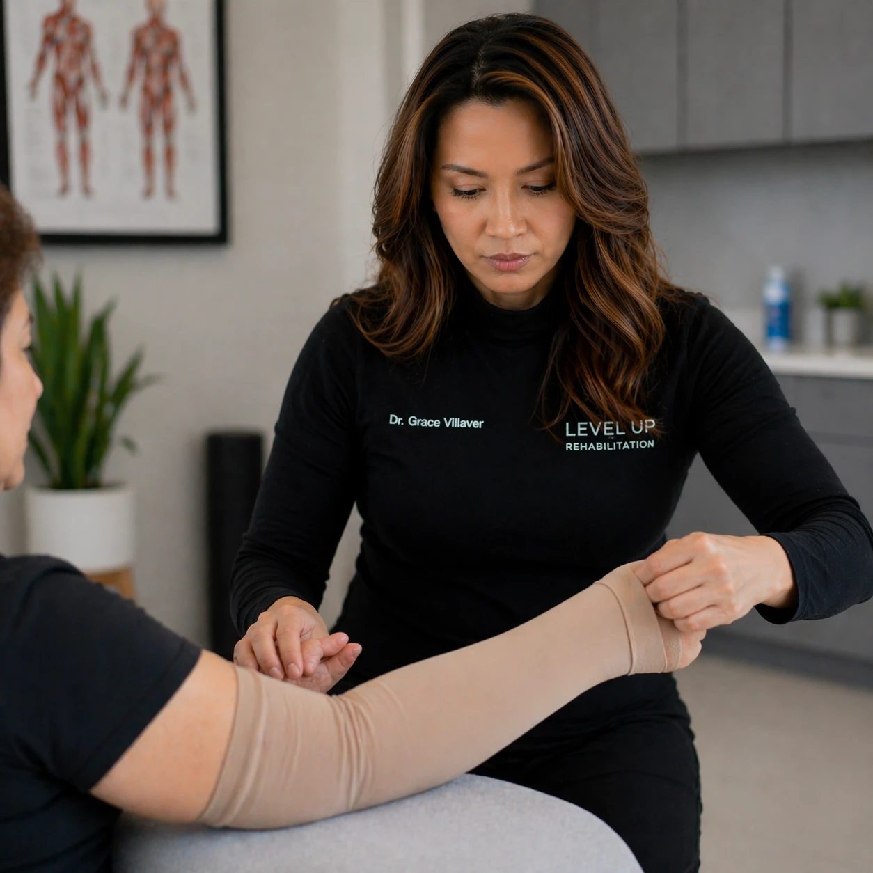 Dr. Grace helping a patient with compression garment fitting during lymphedema maintenance therapy in Ashburn Virginia