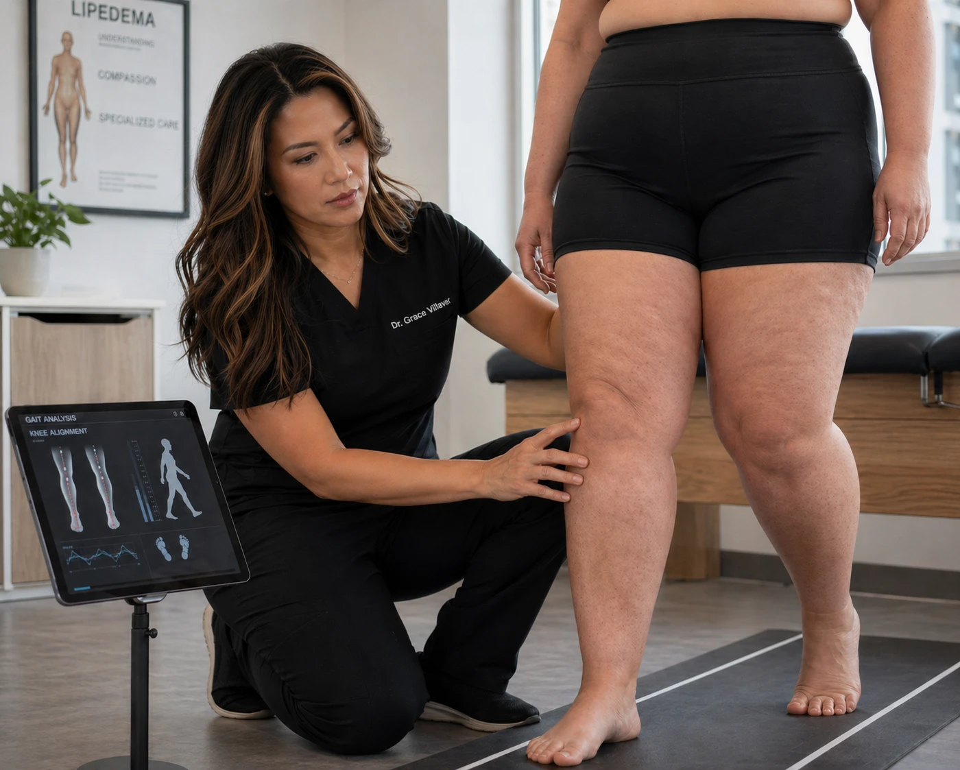 Dr. Grace Villaver assessing knee alignment and gait pattern in a lipedema patient at Level Up Rehabilitation in Leesburg Virginia