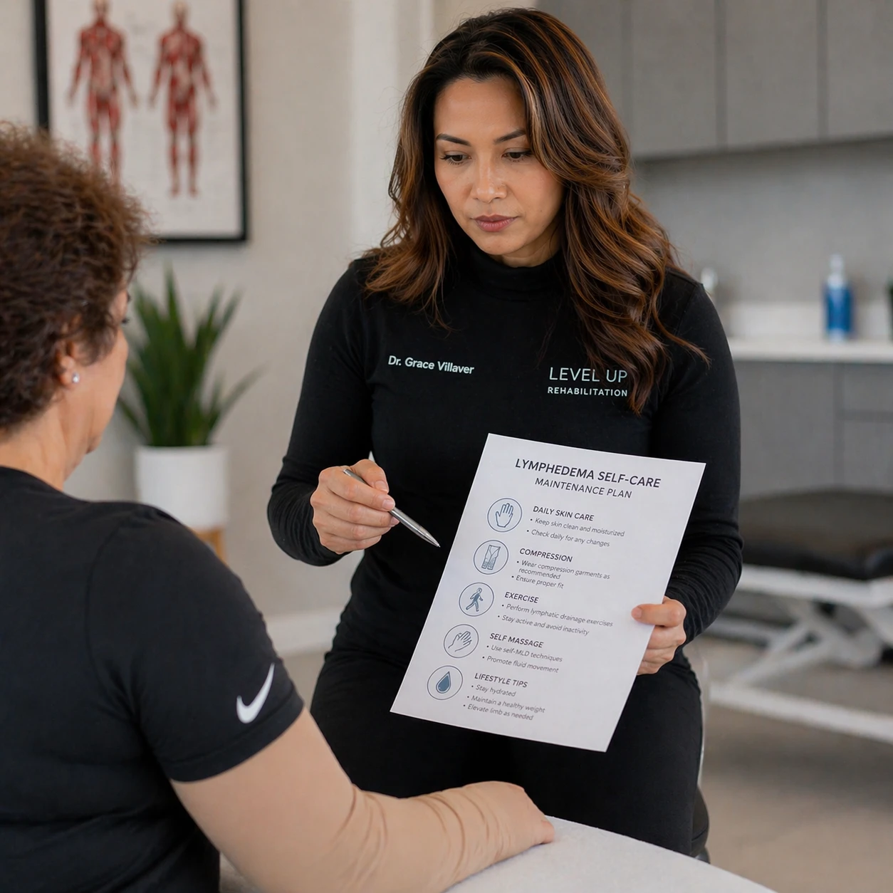Dr. Grace Villaver reviewing a lymphedema self-care maintenance plan with a patient at Level Up Rehabilitation in Leesburg and Ashburn VA