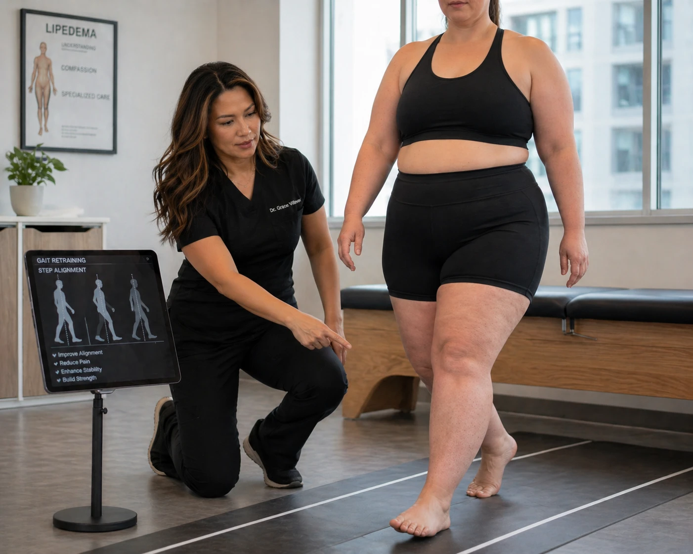 Dr. Grace Villaver teaching corrective exercise and gait retraining to lipedema patient at Level Up Rehabilitation Leesburg VA