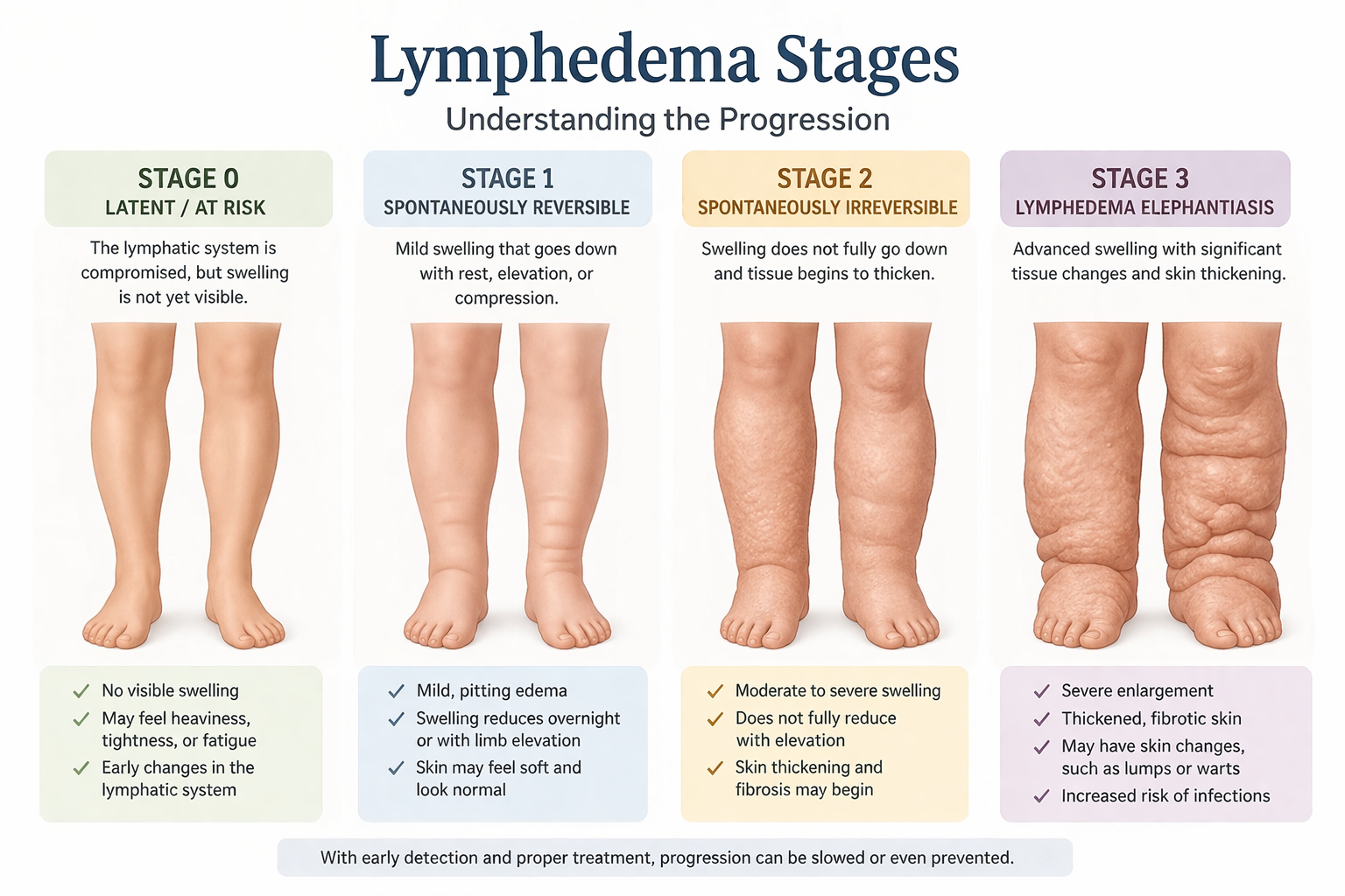 Lymphedema stages diagram showing progression from Stage 0 to Stage 3 with symptoms at each stage