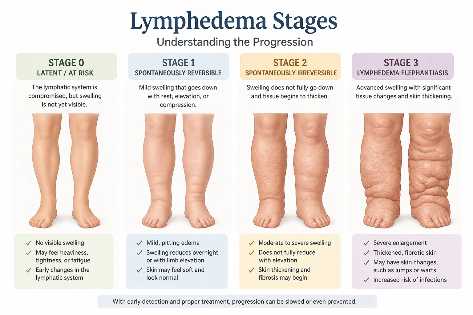 Lymphedema stages diagram showing progression from Stage 0 to Stage 3 with symptoms at each stage