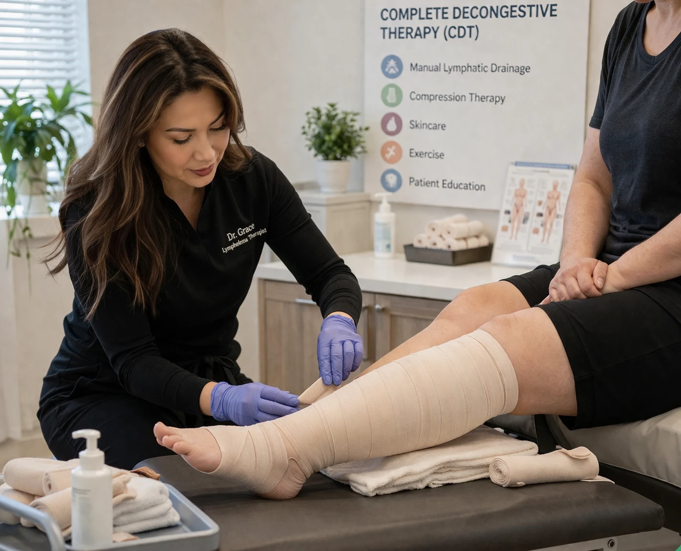 Complete Decongestive Therapy session showing manual lymphatic drainage at Level Up Rehabilitation Services in Leesburg and Ashburn, Virginia