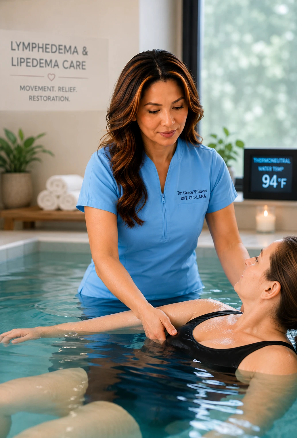 Aquatic therapy session in a thermoneutral pool for lymphedema and lipedema management