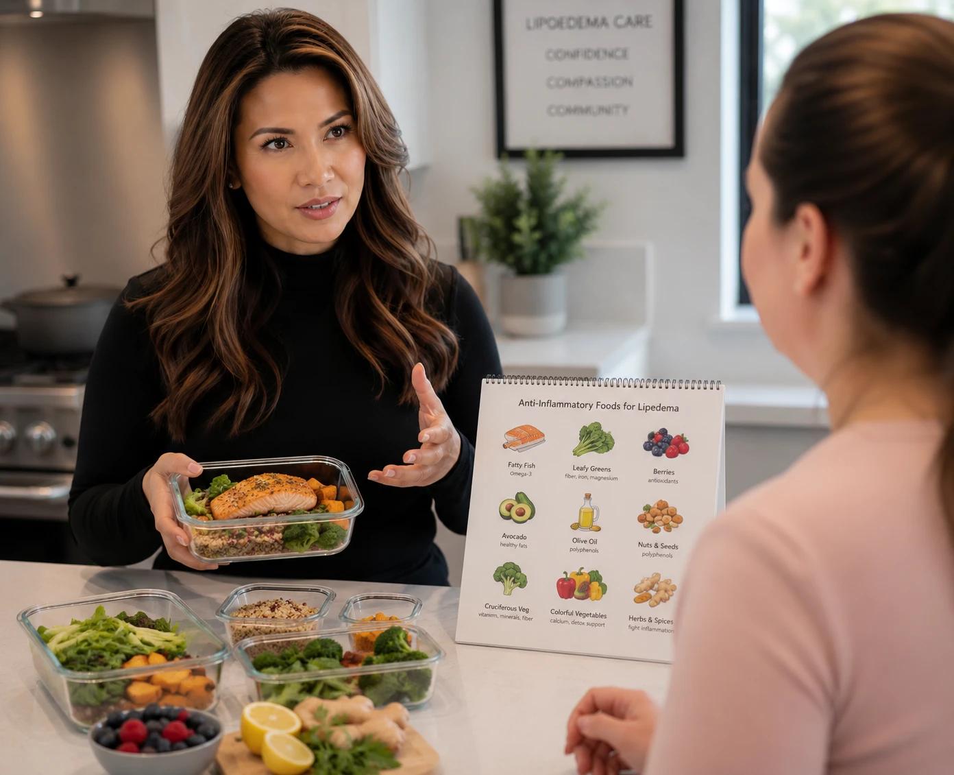 Dr. Grace Villaver demonstrating anti-inflammatory meal prep and food choices for lipedema patient at Level Up Rehabilitation Leesburg VA
