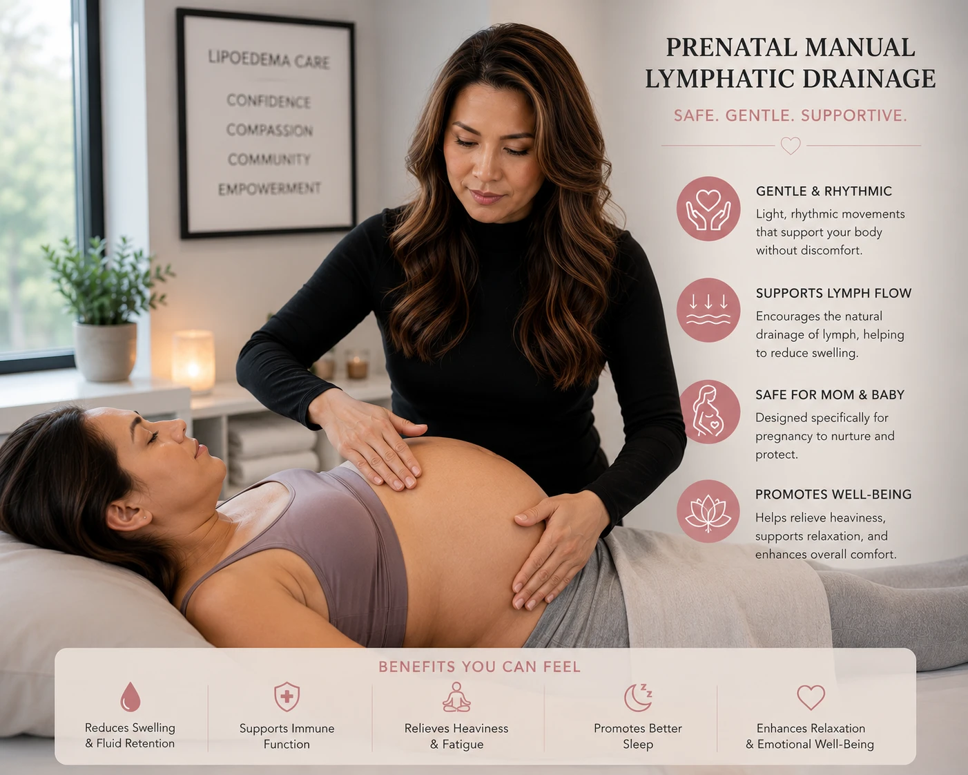 Dr. Grace Villaver demonstrating safe prenatal manual lymphatic drainage technique in Ashburn VA