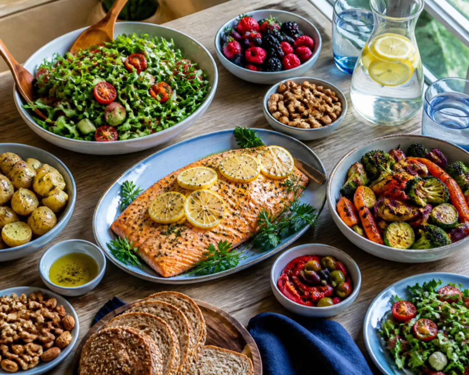 Colorful Mediterranean-style meal with salmon, salad, roasted vegetables, berries, nuts and olive oil, shared at the table