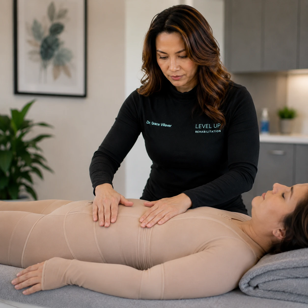 Compression garments and manual lymphatic drainage as part of post-surgical lipedema management at Level Up Rehabilitation Services