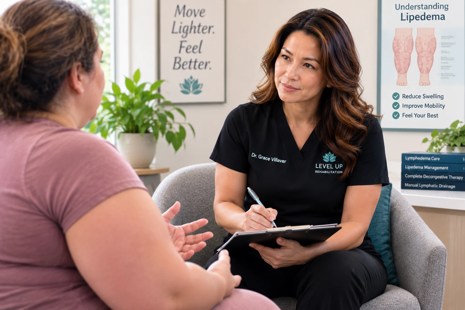 Dr. Grace Villaver listening to a lipedema patient at Level Up Rehabilitation Services Leesburg VA