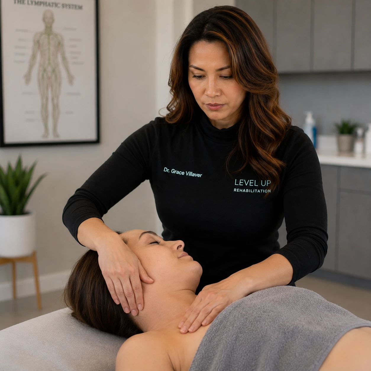 Dr. Grace Villaver performing manual lymphatic drainage on a lipedema patient post-surgery at Level Up Rehabilitation Services Leesburg VA