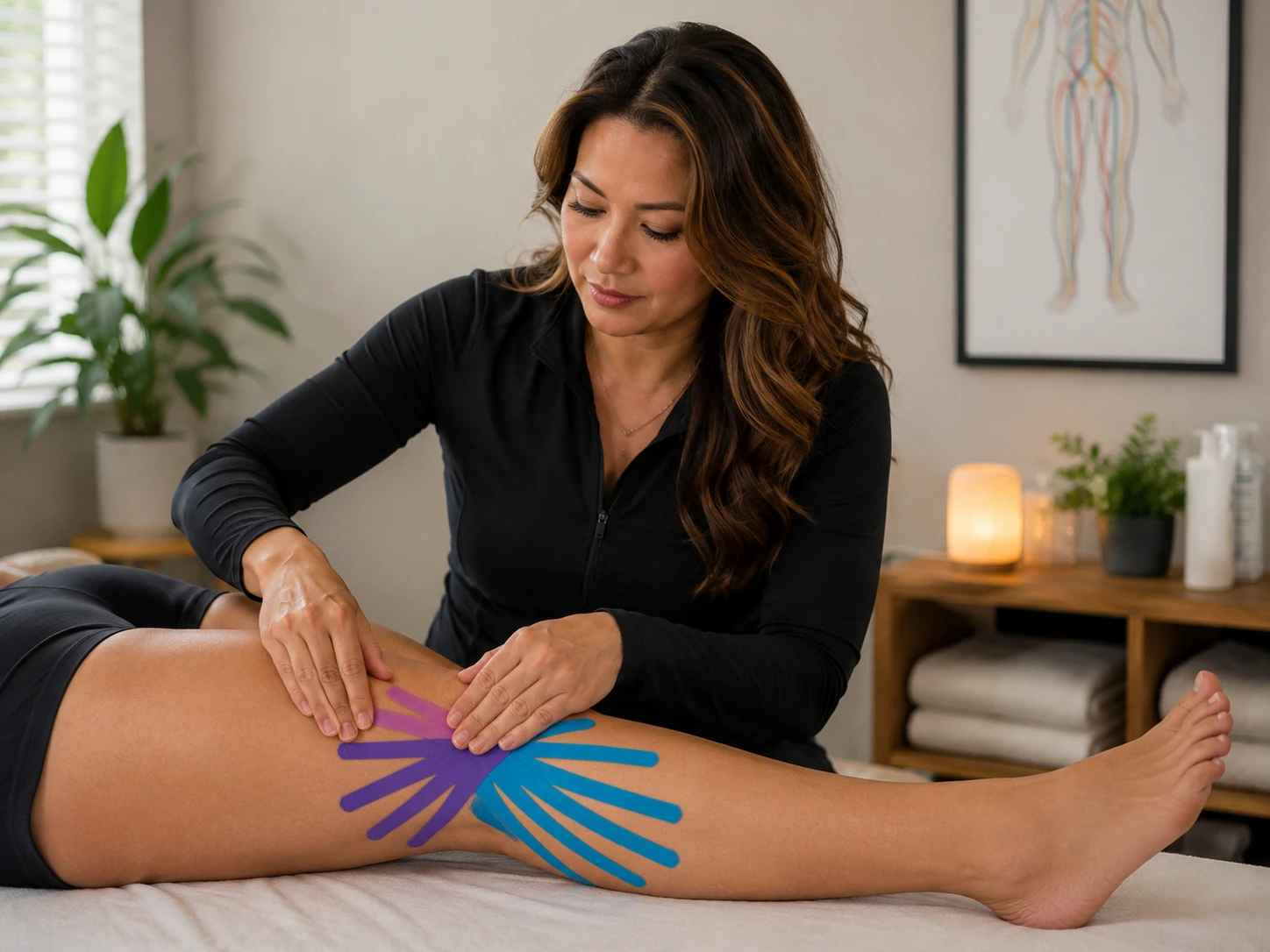 Kinesiology tape applied in lymphatic fan pattern on a patient's leg at Level Up Rehabilitation Services Leesburg VA by Dr. Grace