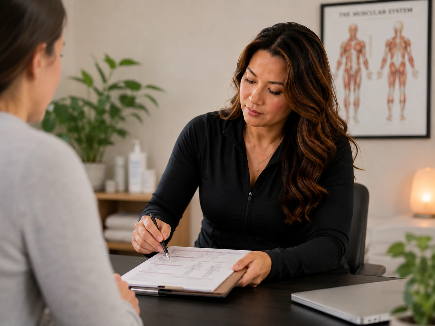 Dr. Grace Villaver reviewing a patient assessment before manual lymphatic drainage at Level Up Rehabilitation Services Leesburg VA