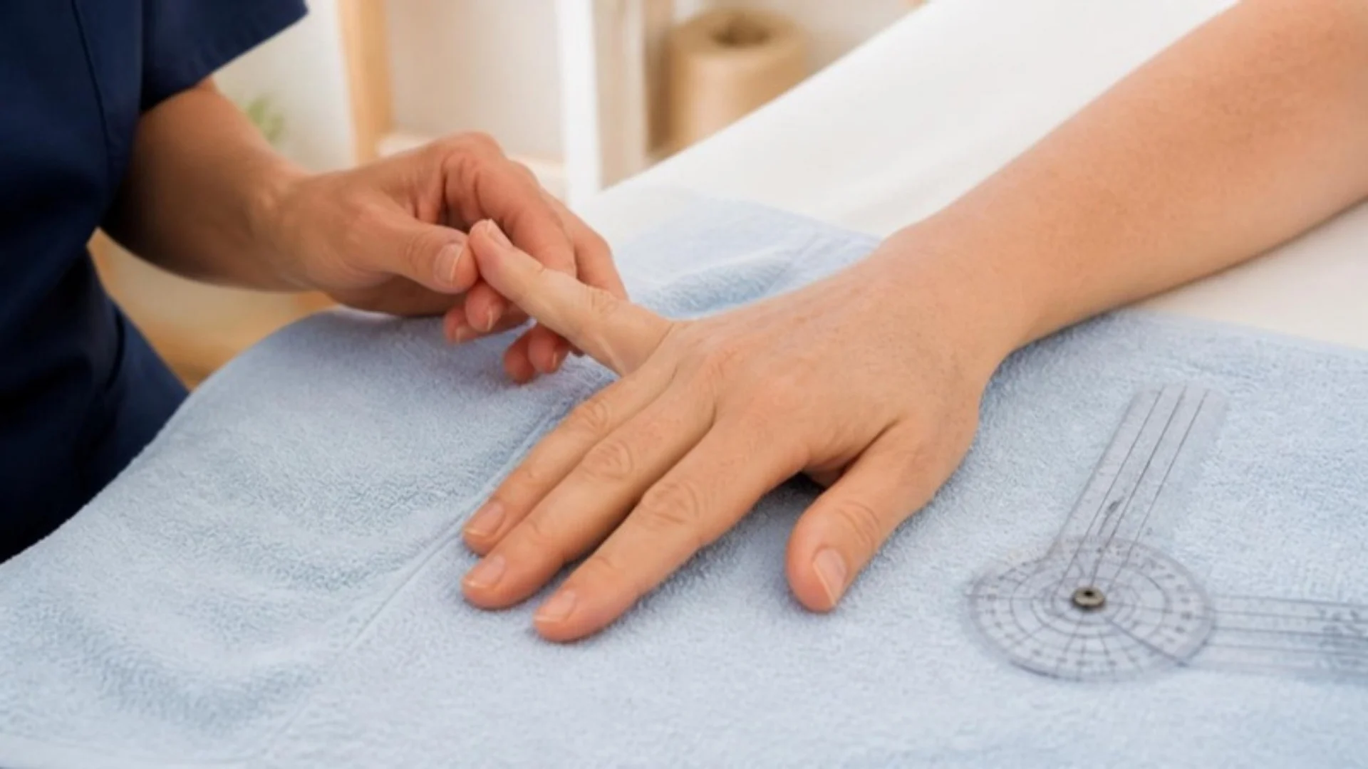 Physical therapist gently testing finger hyperextension during a Beighton score hypermobility screen at Level Up Rehabilitation Services Leesburg VA