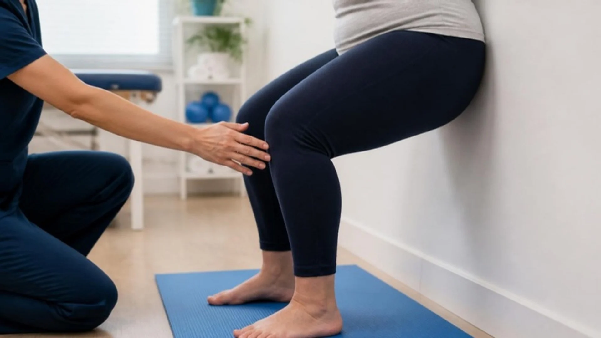 Patient performing a slow guided wall squat with a physical therapist cueing knee alignment for hypermobility stability training at Level Up Rehabilitation Services Leesburg VA