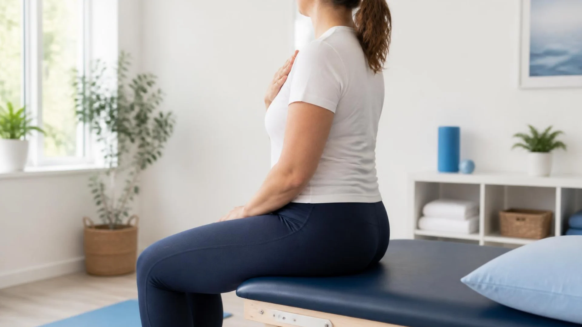Woman with lipedema and POTS seated on a treatment table noticing her heart rate at Level Up Rehabilitation Services, Leesburg, VA